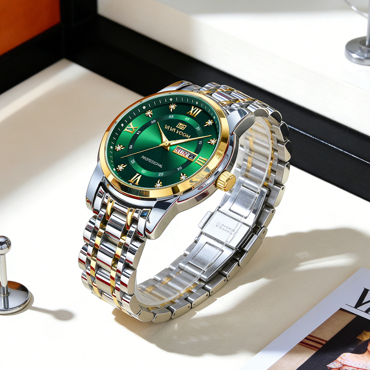 Luxury Watch With Green Dial - Luxury Rhinestone Gold Ring Stainless Steel